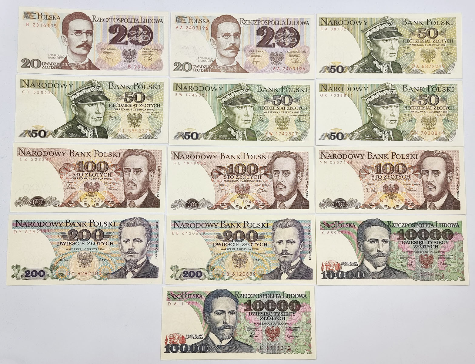 20 do 10.000 złotych 1979-1988, zestaw 13 banknotów